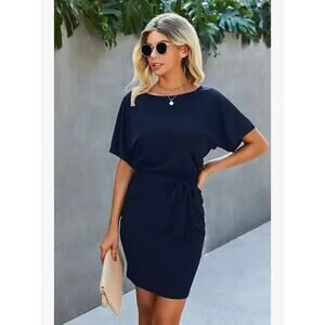 Supreme Fashion Midi Dress Womens XL Blue Petal Sleeve Ruffle Belted Chic NWT